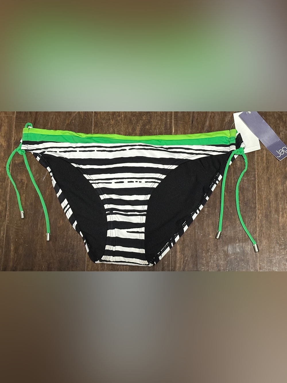 NWT Jag String Bikini Bottom Black White Stripes Green Trim XL